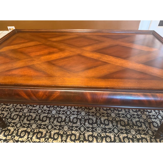 Vintage Regency Style Mahogany Parquetry Coffee Table With Flame Mahogany Apron For Sale - Image 13 of 15