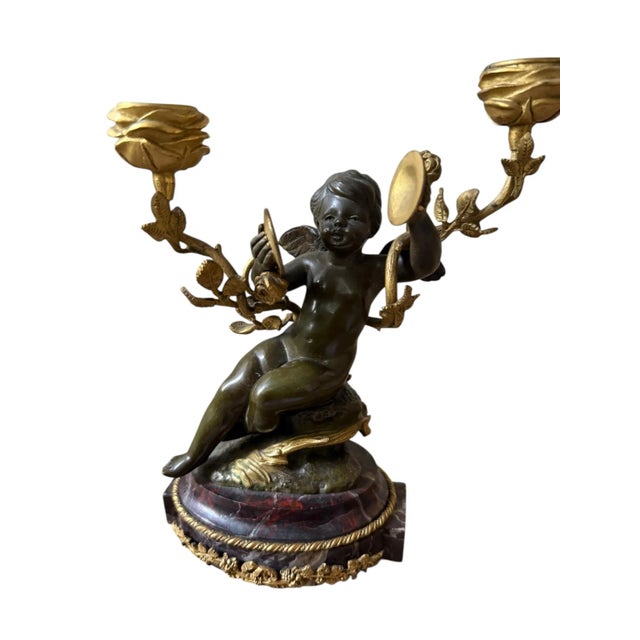 Mid 19th Century Fine French Neoclassical Bronze Dore Highlights. Marble Ormolu Cherubs Candleholders. Marble Footed. Titled Cherub Candelabra by L Bureau. For Sale - Image 5 of 12