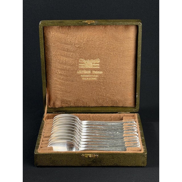 Elegant antique French tea spoon set by Christofle, presented in its original fitted retailer’s case stamped: Artéon...