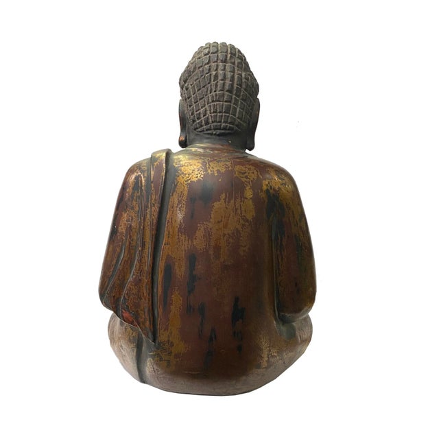 1990s Chinese Golden Brown Lacquer Wooden Meditation Buddha Statue For Sale - Image 5 of 7