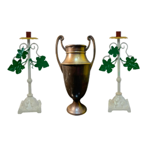Vintage Tole Iron Candle Sticks and Bronze Urn - Set of 3