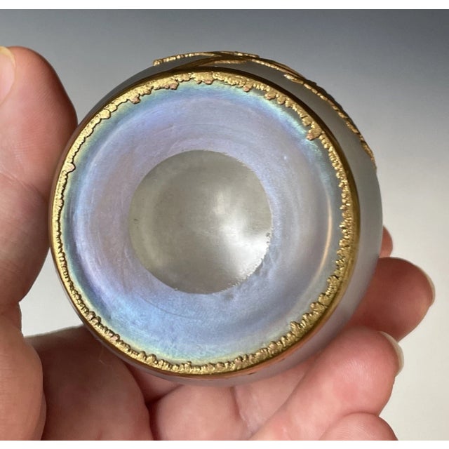 Victorian Fine Antique Art Nouveau Iridescent Satin Glass Vase W/ Gilt Bronze Overlay For Sale - Image 3 of 15