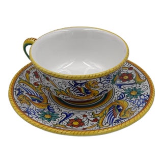 1970s Marino Mazierli Raffaellesco Breakfast Cappuccino Cup Saucer Hand-Painted Dragon Italy For Sale