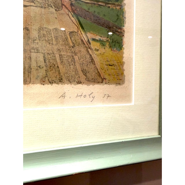 Signed A. Holy lower right and dated [19] 57 in pencil. It is 24 out of 200 prints. Color lithograph. Port scene with man...