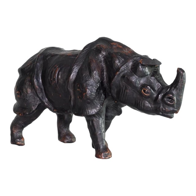 Vintage Mid 20th Century Leather Rhino Sculpture Figure For Sale