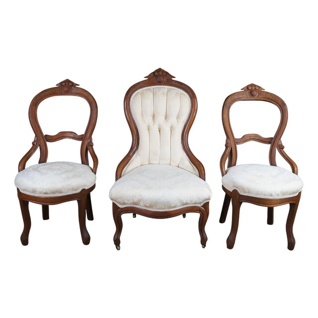 3 Antique Victorian Renaissance Revival Carved Walnut Upholstered Parlor Chairs For Sale