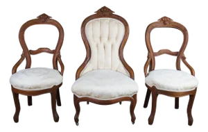 3 Antique Victorian Renaissance Revival Carved Walnut Upholstered Parlor Chairs