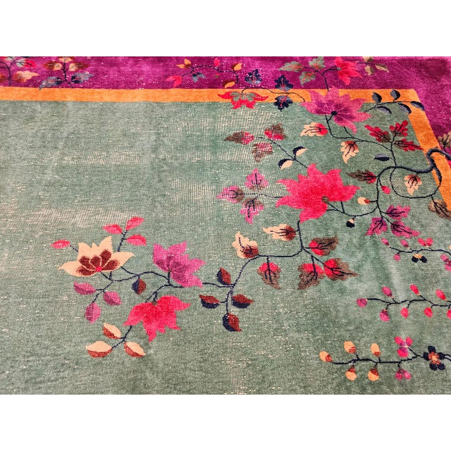 Art Deco Vintage Art Deco Chinese Rug, Hand-Knotted Wool, Floral Motif, Turquoise & Purple, 9x12 For Sale - Image 3 of 18