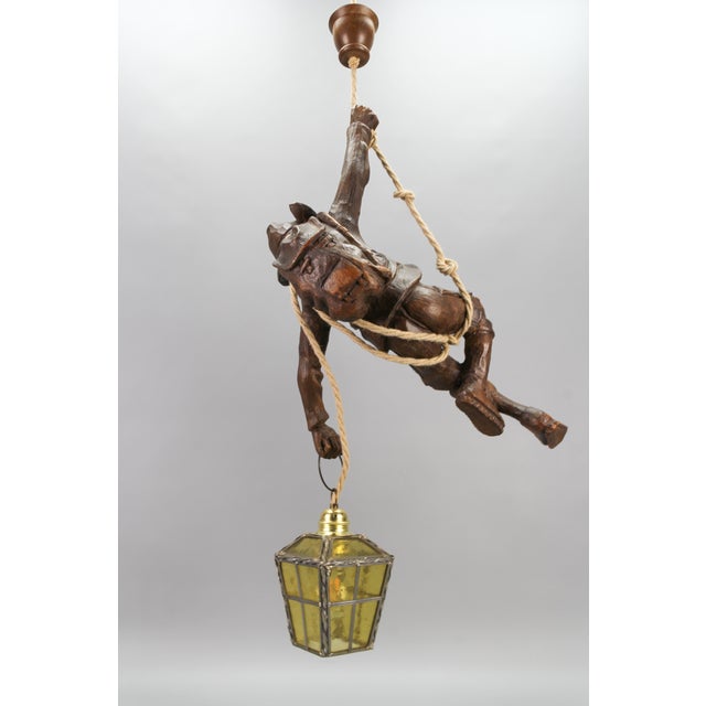 Large German Pendant Light Fixture with Carved Climber Figure and Lantern, 1930s For Sale - Image 6 of 18