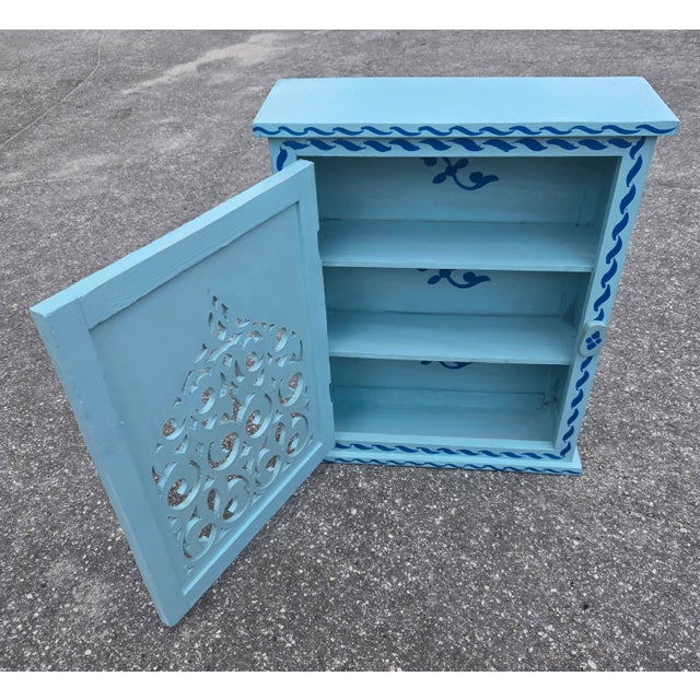 Hand Painted Mediterranean Medicine Cabinet / Wall Shelf / Turquoise and Blue Zouak For Sale In Orlando - Image 6 of 7