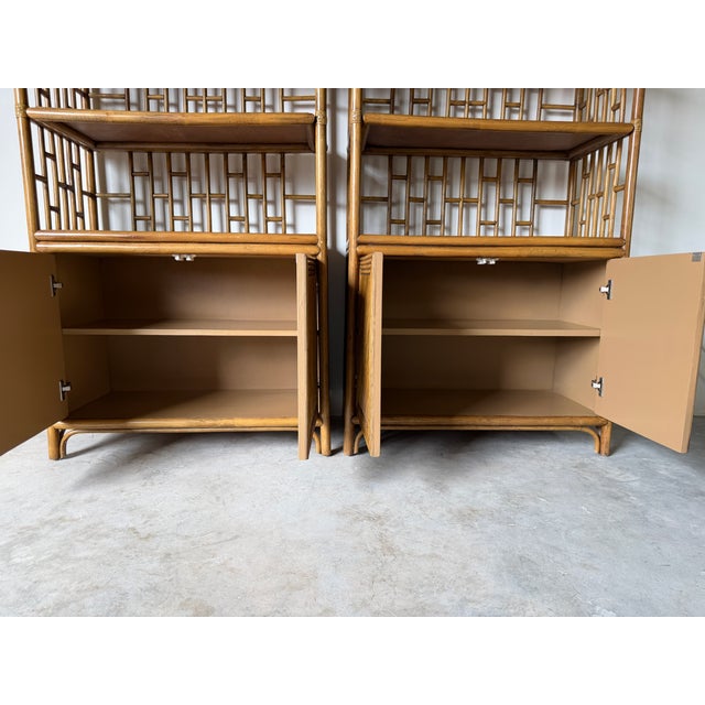 1970's Vintage Palm Beach Regency Arched Rattan Étagères With Cabinets – A Pair For Sale - Image 13 of 16