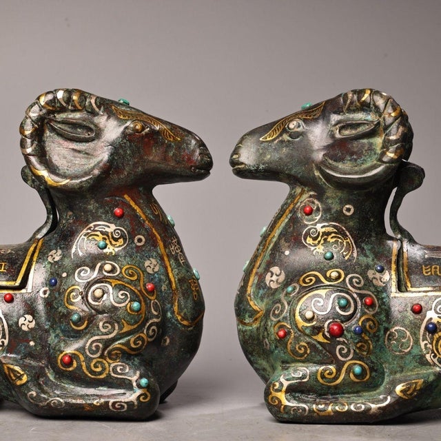 Pair of Antique Bronze Ram Vessels With Gold and Silver Inlay, 3800g Total For Sale - Image 10 of 10