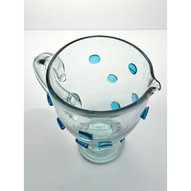Mexican Aqua Blue Confetti Raised Pebble Mexican Hand Blown Glass Pitcher Jug For Sale In Dallas - Image 6 of 7