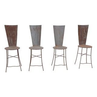 Vintage French Sculptural High-Back Patinated Iron Stools, 1990s, Set of 4 For Sale