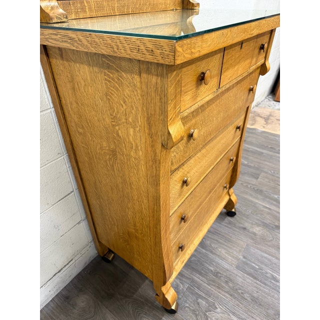 Antique American Empire Revival Oak Highboy Dresser Chest of Drawers With Mirror For Sale - Image 4 of 18