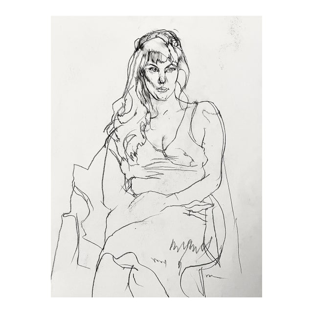 Mid Century Drawing of Young Woman For Sale