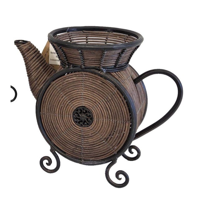 Vintage World Market Handmade Wicker & Metal Teapot Basket NWT 2000-2015 Era Handmade decorative wicker teapot basket with...
