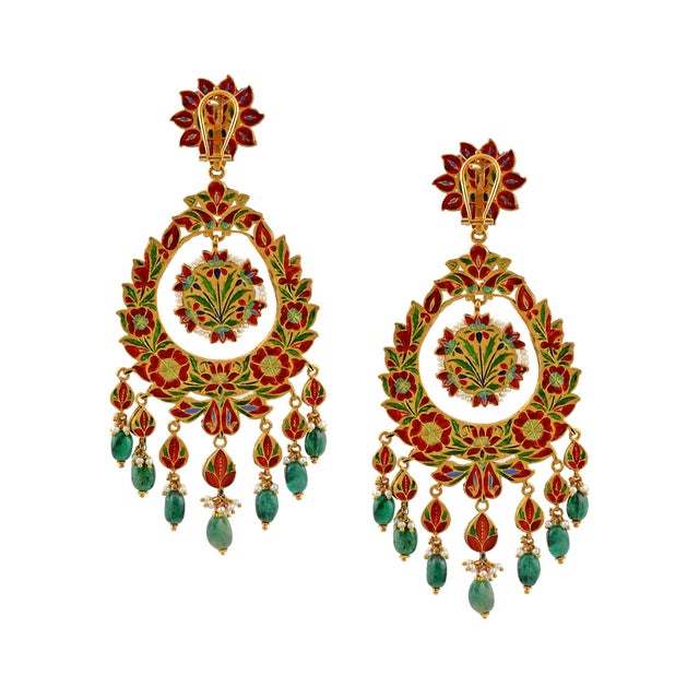 Traditional Kundan Polki Rose Cut Diamond 18 Kt Gold Chand Bali Enamel + Emerald For Sale - Image 18 of 18