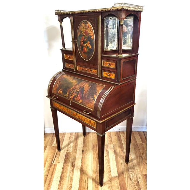 19th C French Vernis Martin Style Painted & Fitted Interior Bonheur Du Jour Secretary Desk For Sale - Image 4 of 18