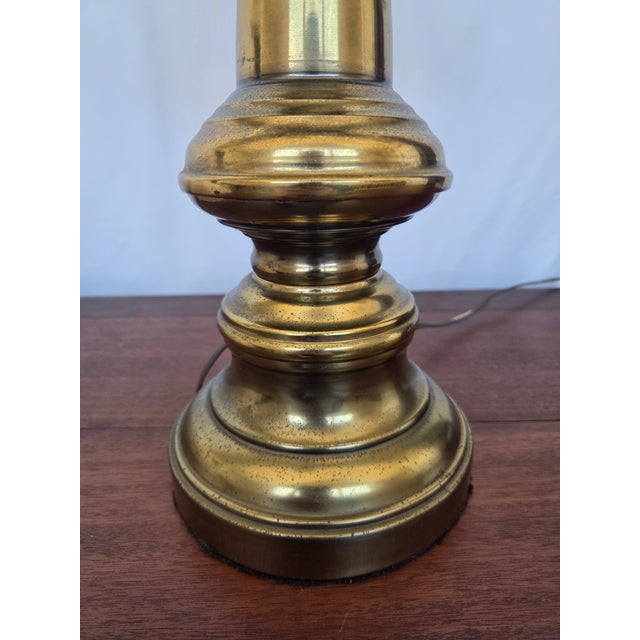 1940s Hollywood Regency Neoclassical Brass 3-Light Table Lamp W/ Fabric Fringe Shade For Sale In Tampa - Image 6 of 12