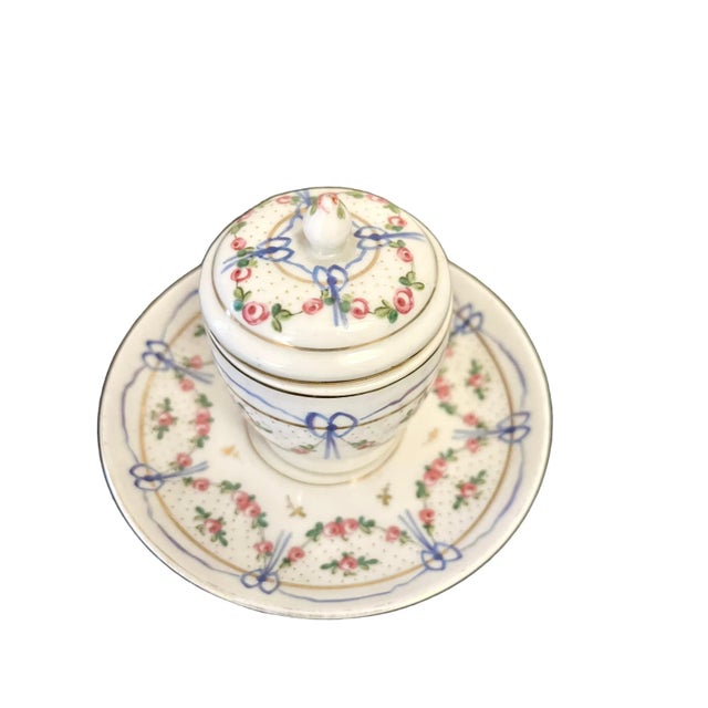 Ceramic Antique Marie Antoinette Inspired Ribbon Decorated French Porcelain Covered Jar With Underdish For Sale - Image 7 of 7