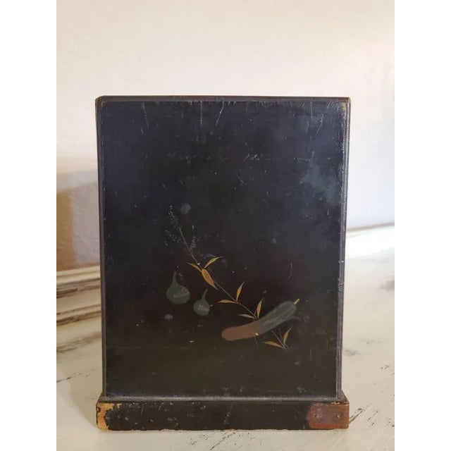 Black Antique Japanese Export Victorian Era Black Lacquered Wooden Jewelry Box Small Tabletop Cabinet With Photograph For Sale - Image 8 of 11