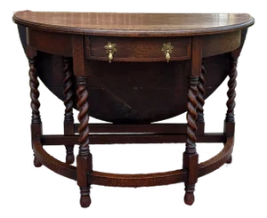 Antique English Demilune Table Drop Leaf Barley Twist W Drawer Oak Round 1920-30