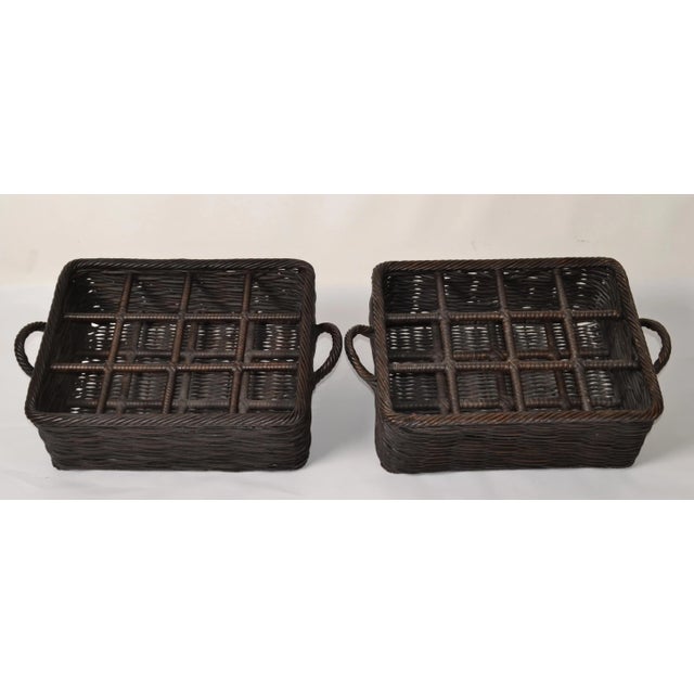 1970s Pair of Boho Chic Wicker Twig Cane 12-Bottles Wine Basket Tray Barware Walnut Finish For Sale - Image 5 of 12