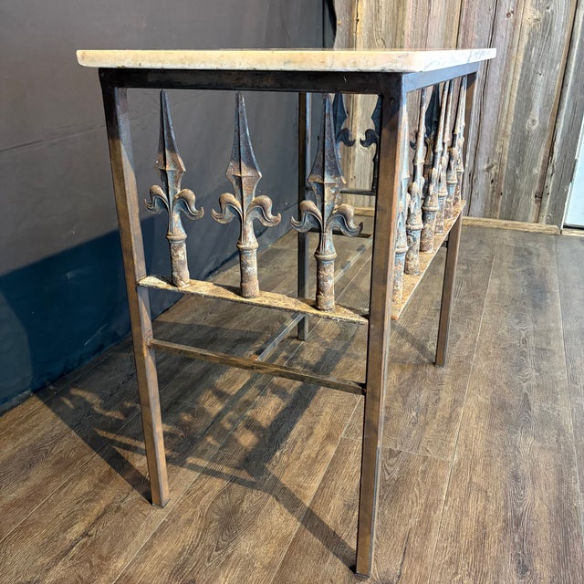 Gray Antique French Wrought Iron Console Table With Marble Top | Balcony Railing Console For Sale - Image 8 of 11