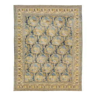 Antique Mahal Rug With Muted Ochre and Indigo Blue Floral Medallions For Sale