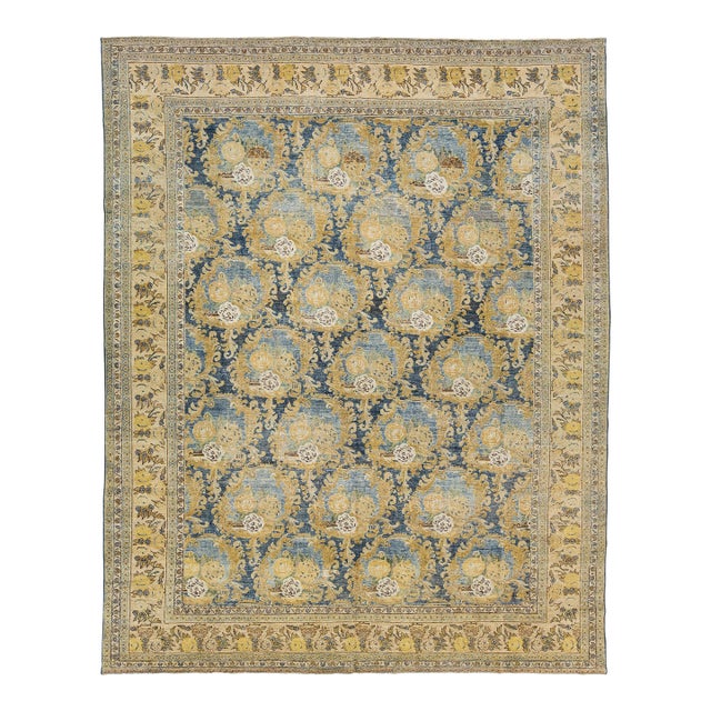 Antique Mahal Rug With Muted Ochre and Indigo Blue Floral Medallions For Sale