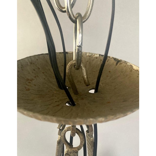 1920s 1920s French Wrought Iron Art Deco Chandelier - 3 Shades and Bowl, Floral Motif Glass For Sale - Image 5 of 5