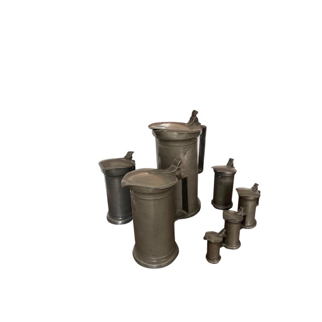 French Set of 7 of 19th Century Antique French Pewter Measuring Flagons For Sale - Image 3 of 12