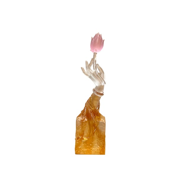 Asian Asian Crystal Glass Buddha Hand Pink Lotus Display Art Figure For Sale - Image 3 of 5