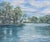 Cheerful landscape of a vivid blue lake surrounded by trees on a bright, sunny day by San Francisco artist Frederico...