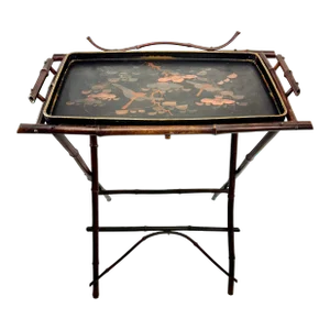 Early 20th Century Elegant Oriental Tray Table on a Bamboo Stand
