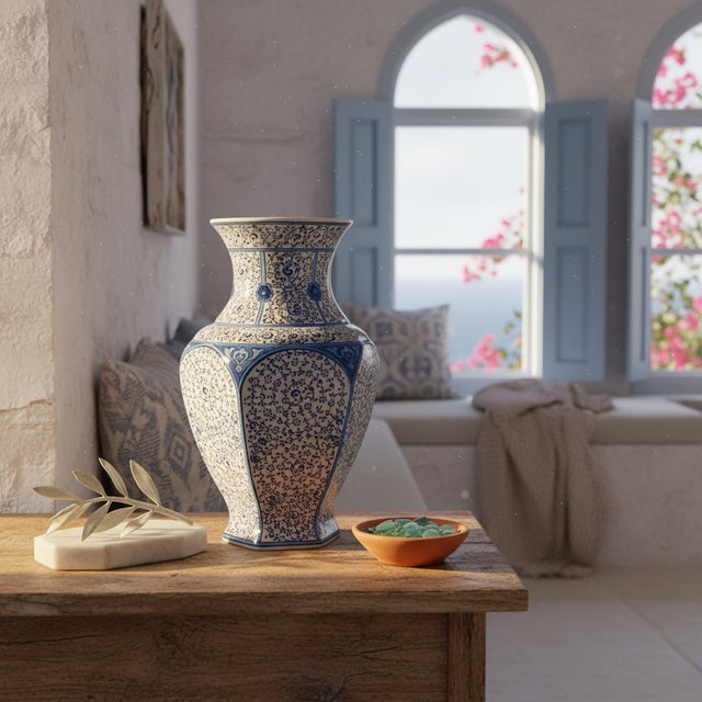 The Infinite Spiral This Handmade Ceramic Iznik Vase marries the sharpness of geometric facets with the softness of the...