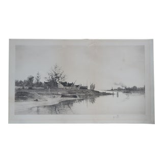 Antique 19th Century Coastal Fishing Village Tugboat Sailboat Etching 29" For Sale