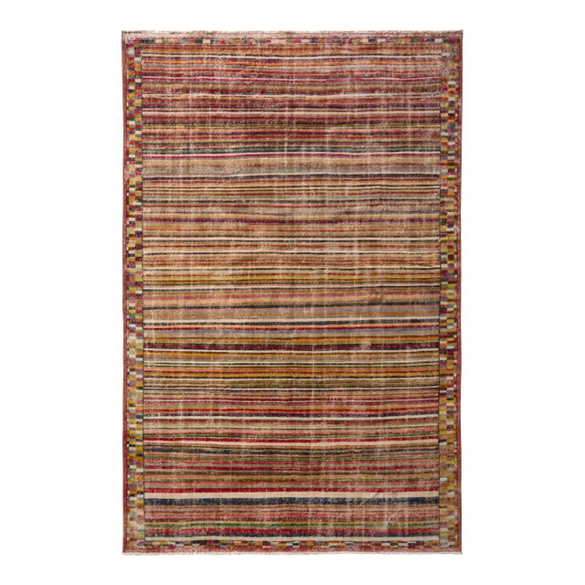 1960s Distressed Midcentury Rug Beige Red Multi-Color Vintage Striped Pattern For Sale