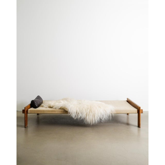 Low Mid-Century Danish Wood, Canvas, Leather and Sheepskin Daybed by Tage Poulsen, 1950s For Sale - Image 9 of 9
