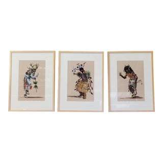 Native American Original John M. Flores Pastel Drawings in Maple Frames - Set of 3 For Sale