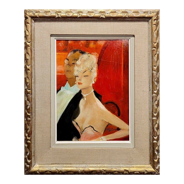 Jean Gabriel Domergue -Elegant Couple at the Opera-1950s Oil Painting For Sale