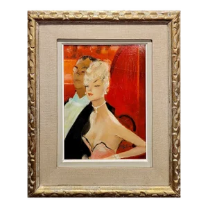 Jean Gabriel Domergue -Elegant Couple at the Opera-1950s Oil Painting