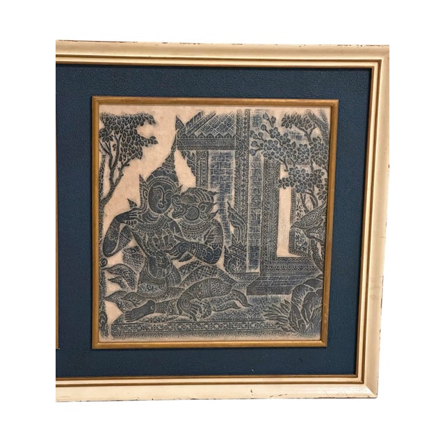 Framed Pair of Thai Blue Temple Rubbings on Rice Paper With Blue Matting For Sale - Image 4 of 11