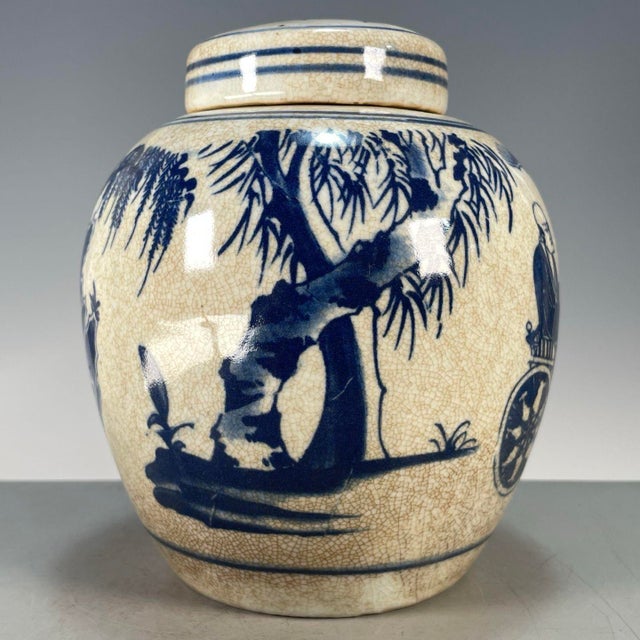 Blue Chinoiserie Blue‑and‑White Crackle‑Glaze Lidded Ginger Jar, Figure Story Motif Porcelain Storage Canister **** For Sale - Image 8 of 9