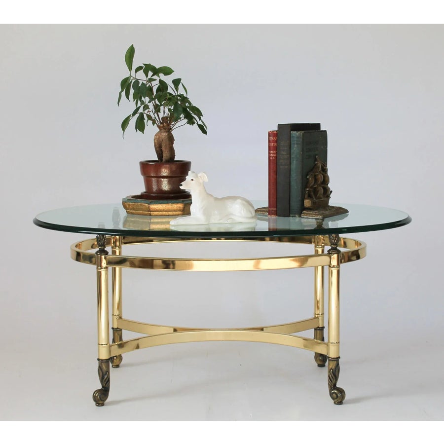 Petite Hollywood Regency Style Oval Brass & Glass Coffee Table