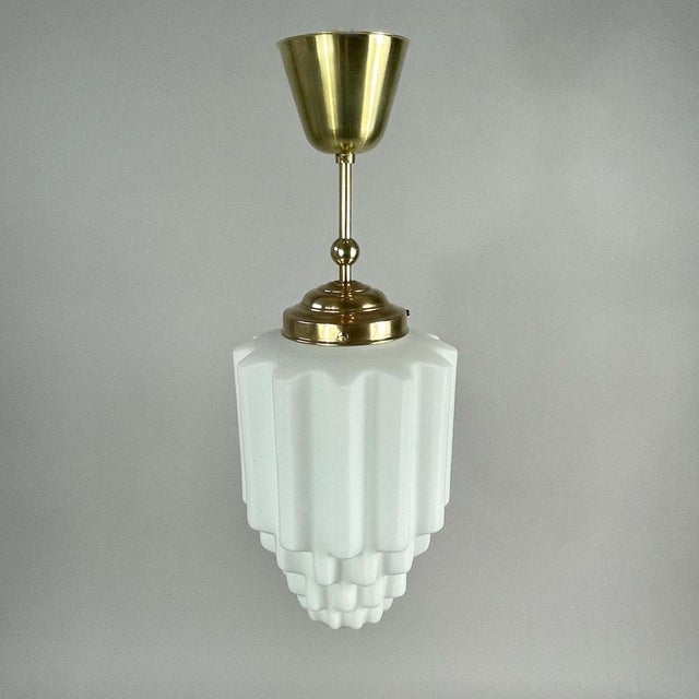 Art Deco White Opaline Glass and Brass Skyscraper Pendant Light, 1930s For Sale - Image 10 of 13