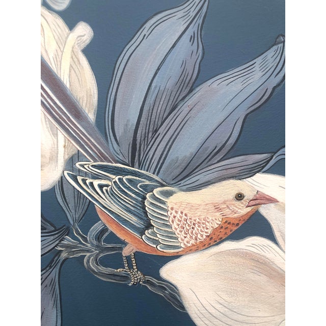 Textile "Look No Feather" Contemporary Chinoiserie Bird Acrylic Painting by Allison Cosmos For Sale - Image 7 of 7