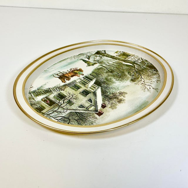 Mid-Century Americana Farmhouse Currier & Ives Metal Tray - The American Homestead, Winter For Sale - Image 12 of 14