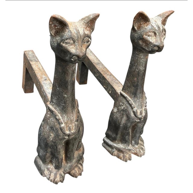 2000 - 2009 A Pair of Vintage Mid-Century Stylized Cast Iron Cat Andirons For Sale - Image 5 of 12